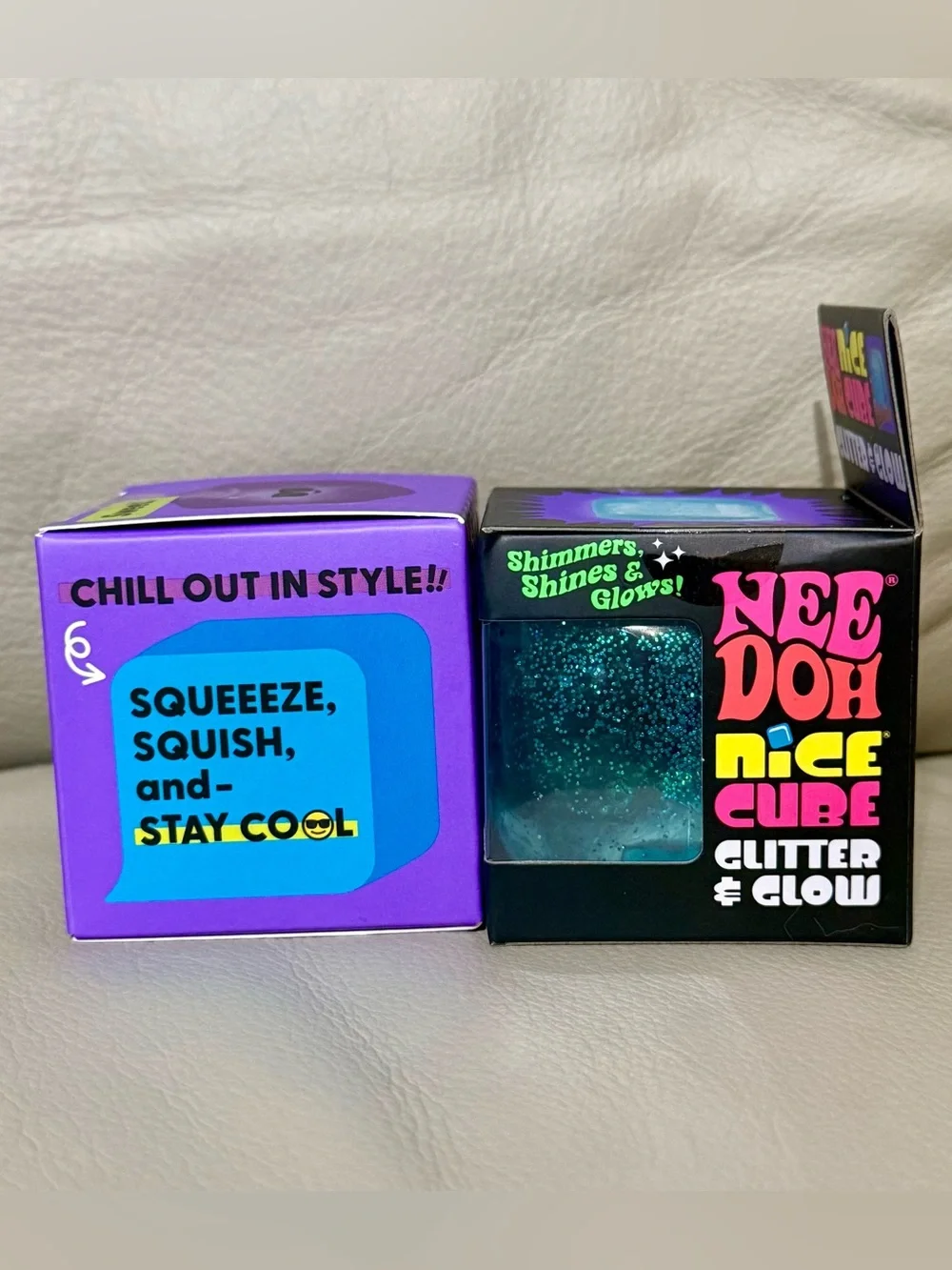 NeeDoh BLUE Glitter & Glow Nice Cube & Purple J’adore Cool Cube Squishy